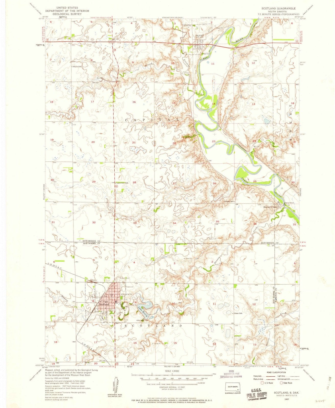 1957 Scotland, SD - South Dakota - USGS Topographic Map