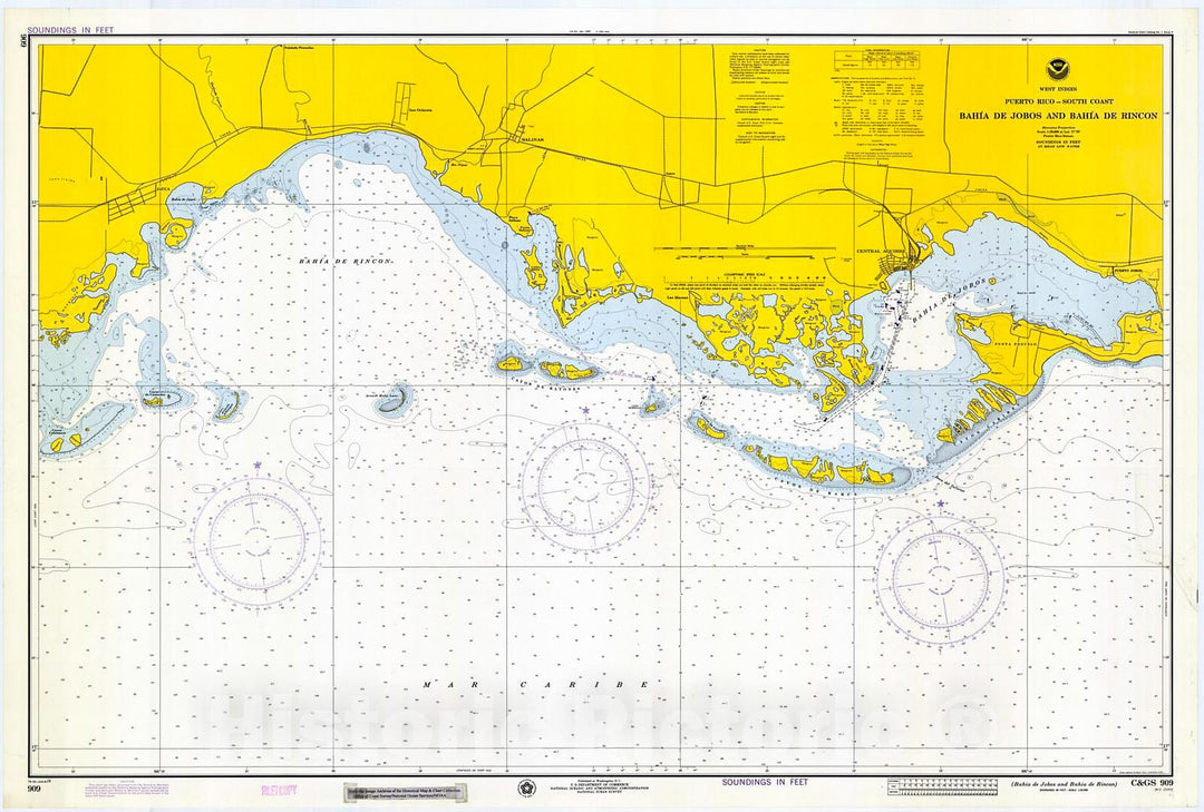 Historic Nautical Map - Bahia De Jobos And Bahia De Rincon, 1974 NOAA Chart - Puerto Rico (PR) - Vintage Wall Art