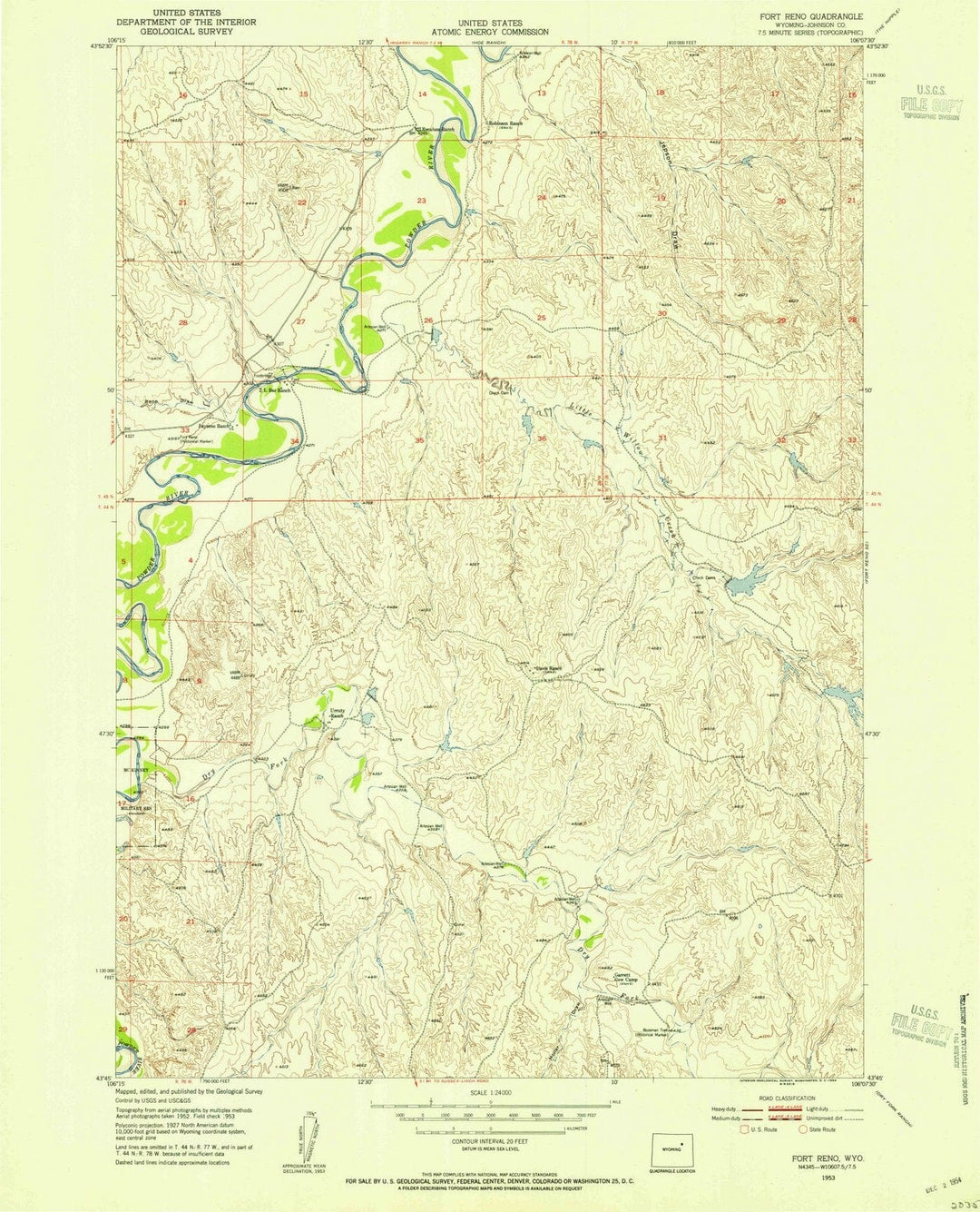 1953 Fort Reno, WY - Wyoming - USGS Topographic Map v2