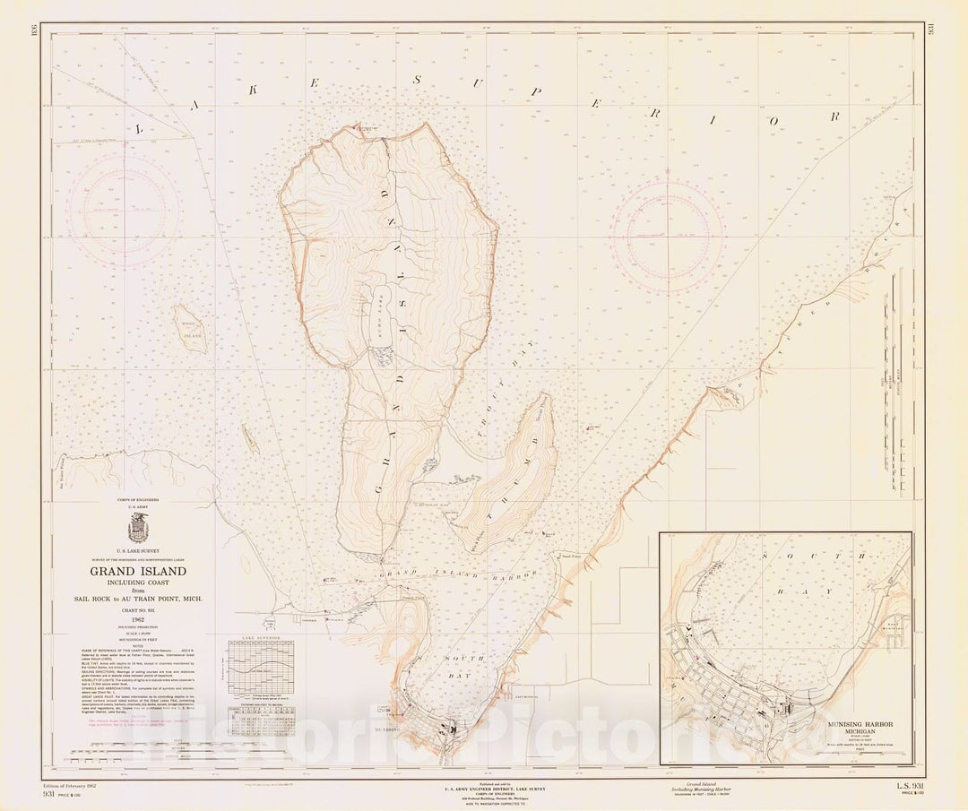 Historic Nautical Map - Munising Harbor And Grand Island, 1962 NOAA Chart - Michigan (MI) - Vintage Wall Art