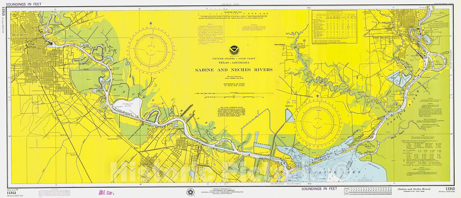 Historic Nautical Map - Sabine And Neches Rivers, 1976 NOAA Chart - Texas (TX) - Vintage Wall Art