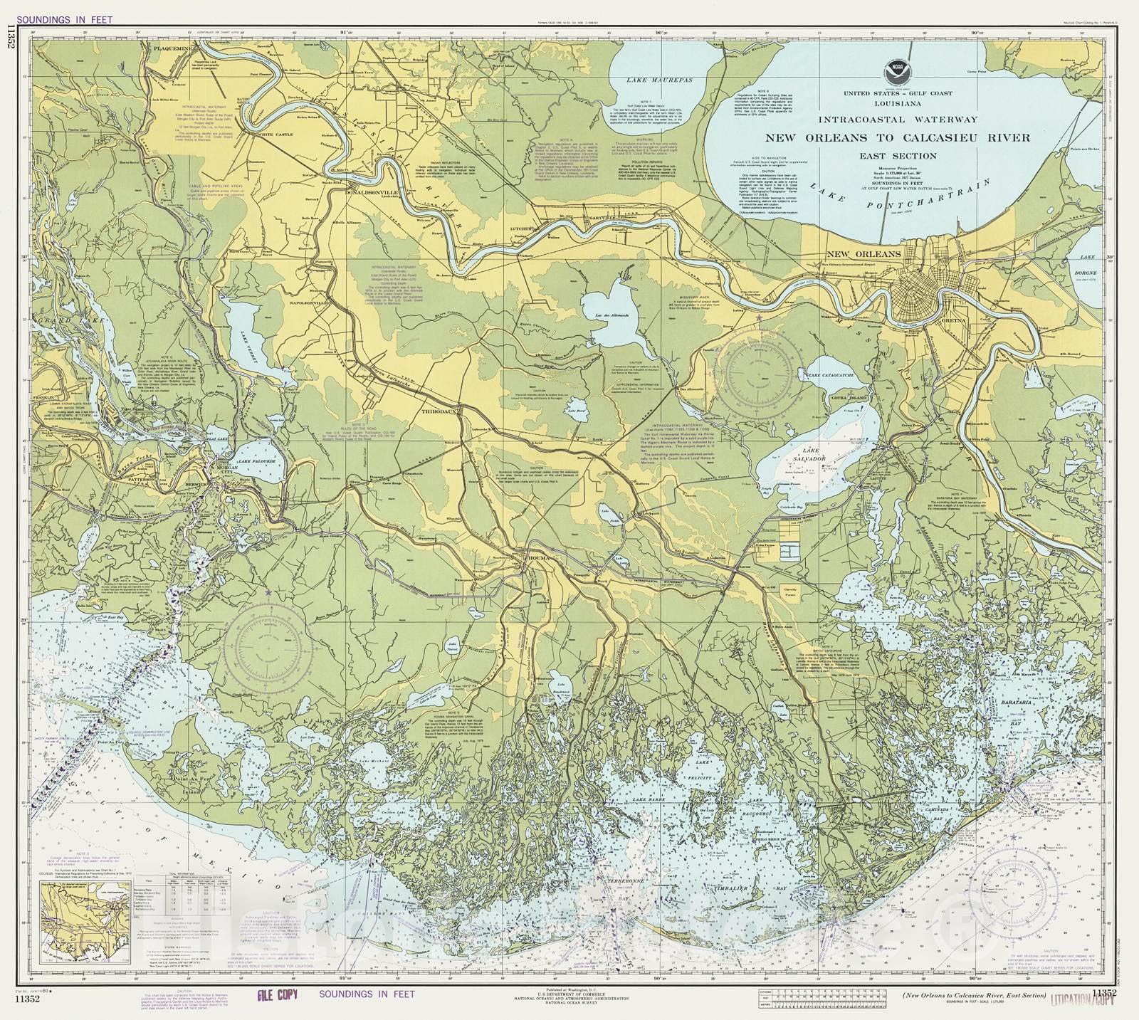 Historic Nautical Map - New Orleans To Calcasieu River East Section, 1980 NOAA Chart - Louisiana (LA) - Vintage Wall Art