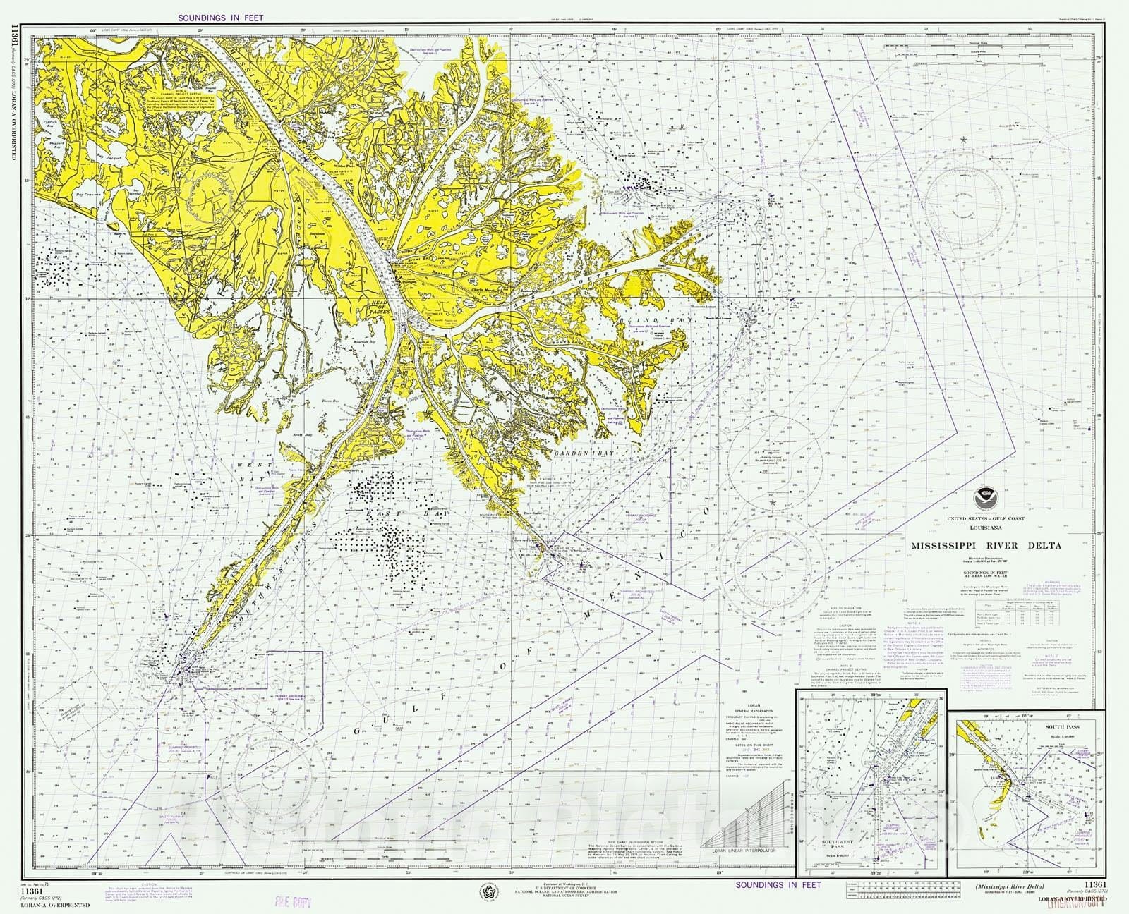 Historic Nautical Map - Mississippi River Delta, 1975 NOAA Chart - Louisiana (LA) - Vintage Wall Art