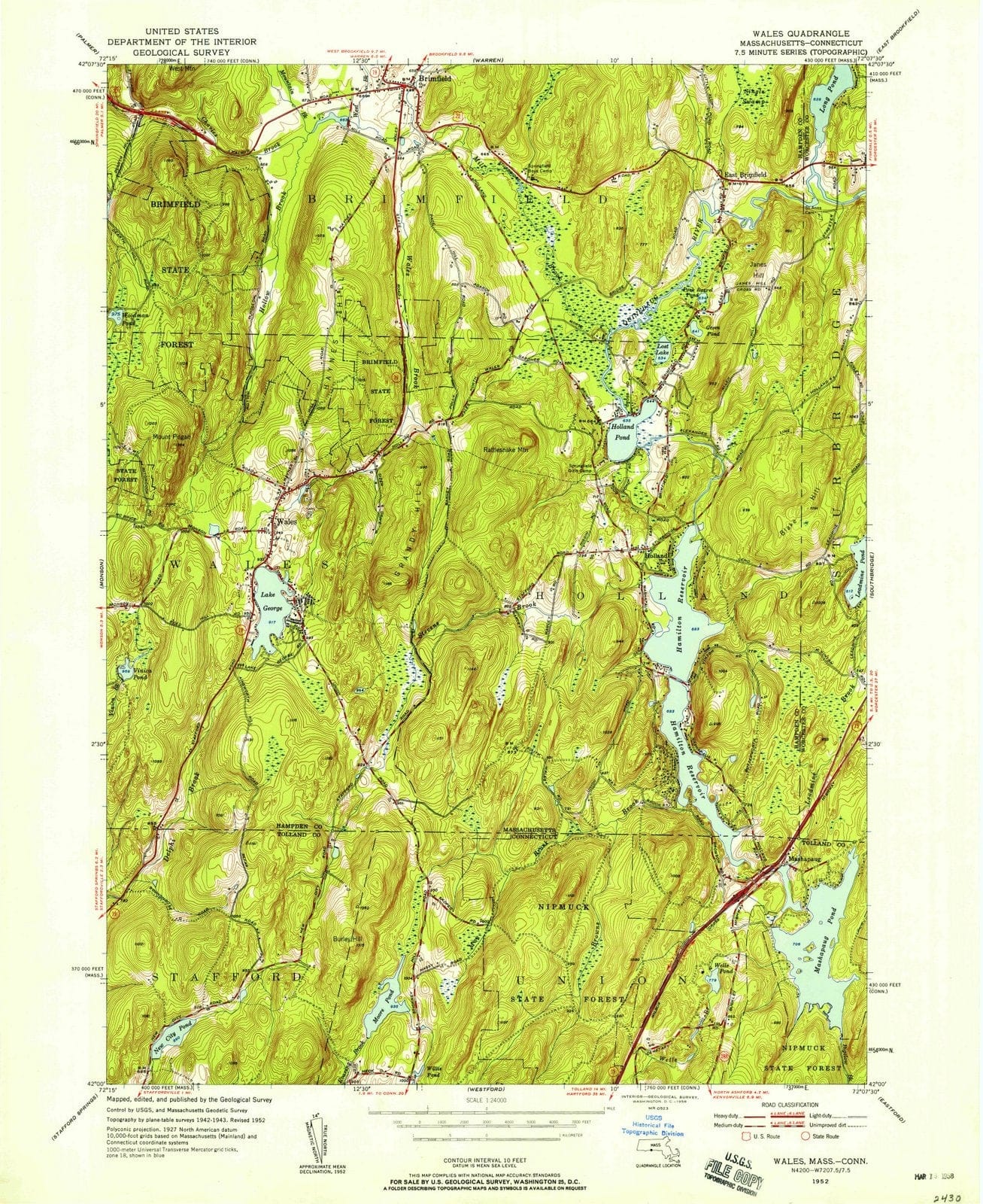 1952 Wales, MA - Massachusetts - USGS Topographic Map