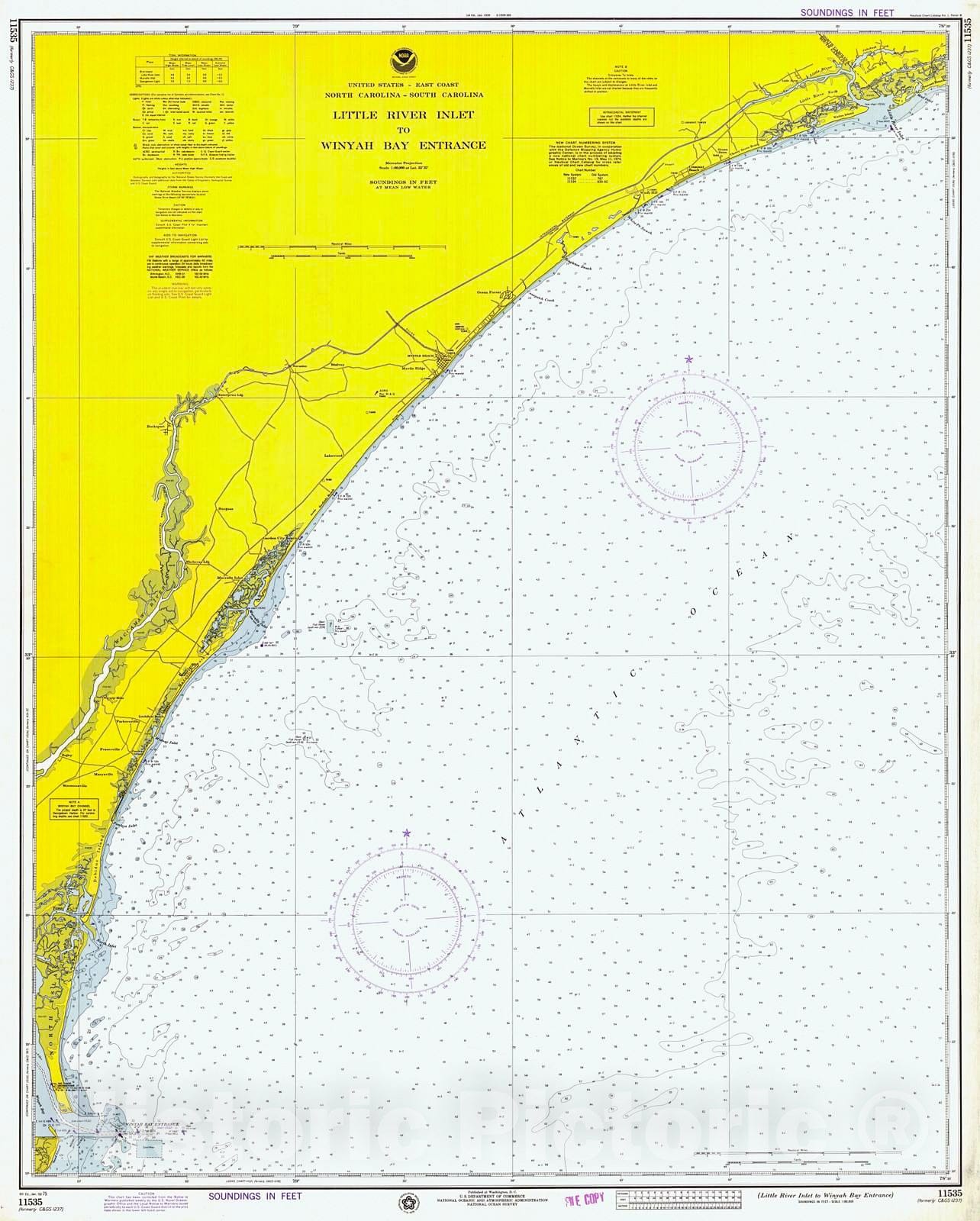 Historic Nautical Map - Little River Inlet To Winyah Bay Entrance, 1975 NOAA Chart - North Carolina, South Carolina (NC, SC) - Vintage Wall Art