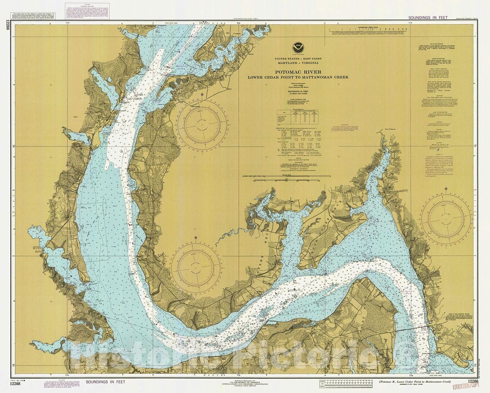 Historic Nautical Map - Potomac River - Lower Cedar Point To Mattawoman Creek, 1985 NOAA Chart - Maryland, Virginia (MD, VA) - Vintage Wall Art