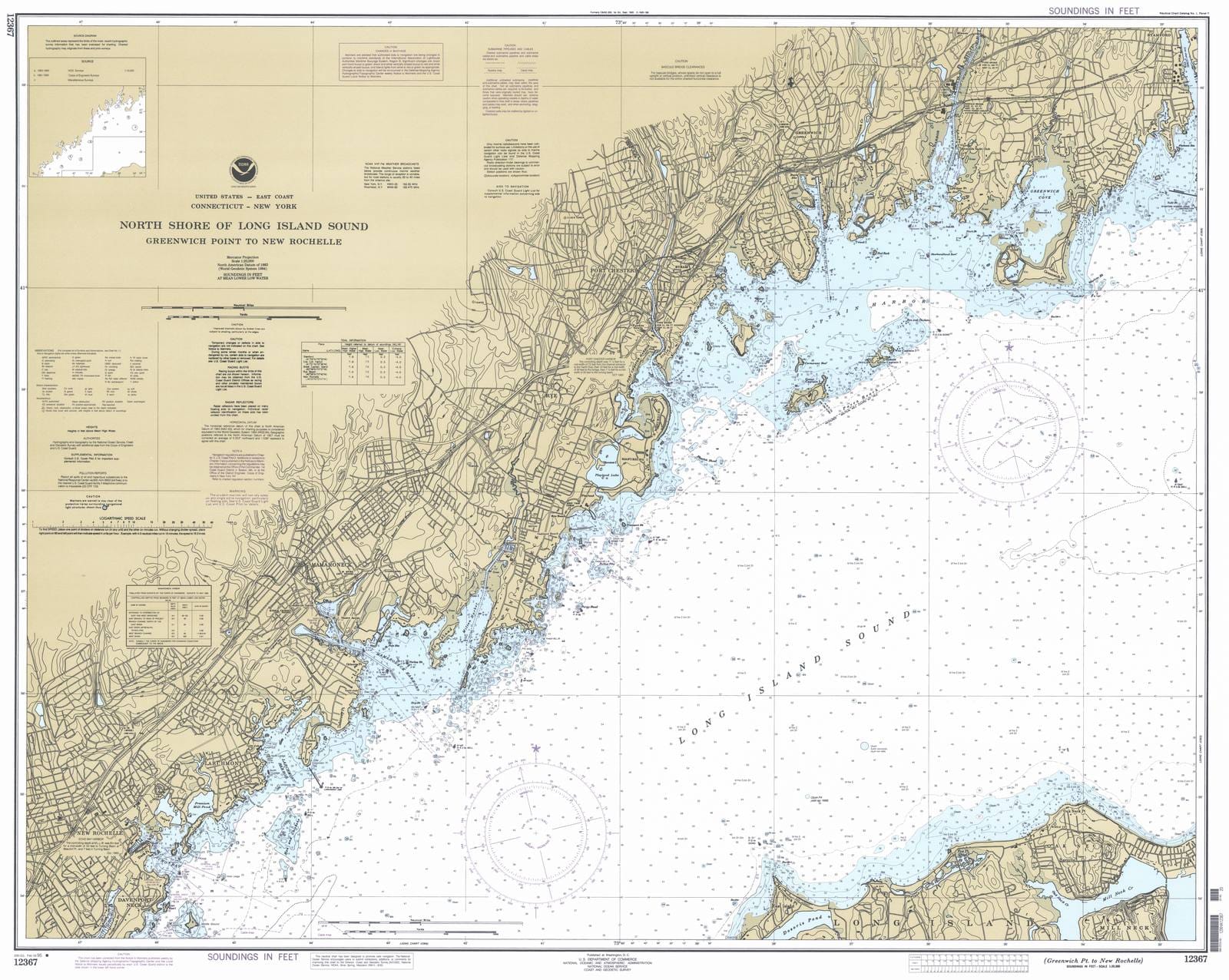 Historic Nautical Map - North Shore Of Long Island Sound - Greenwich Pt To New Rochelle, 1995 NOAA Chart - New York, Connecticut (NY, CT) - Vintage Wall Art