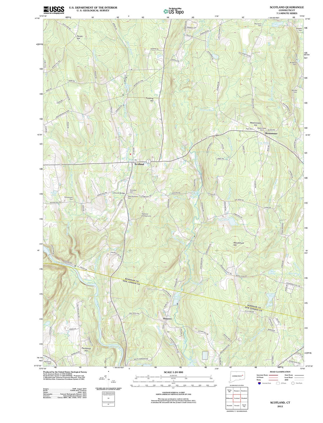 2012 Scotland, CT - Connecticut - USGS Topographic Map