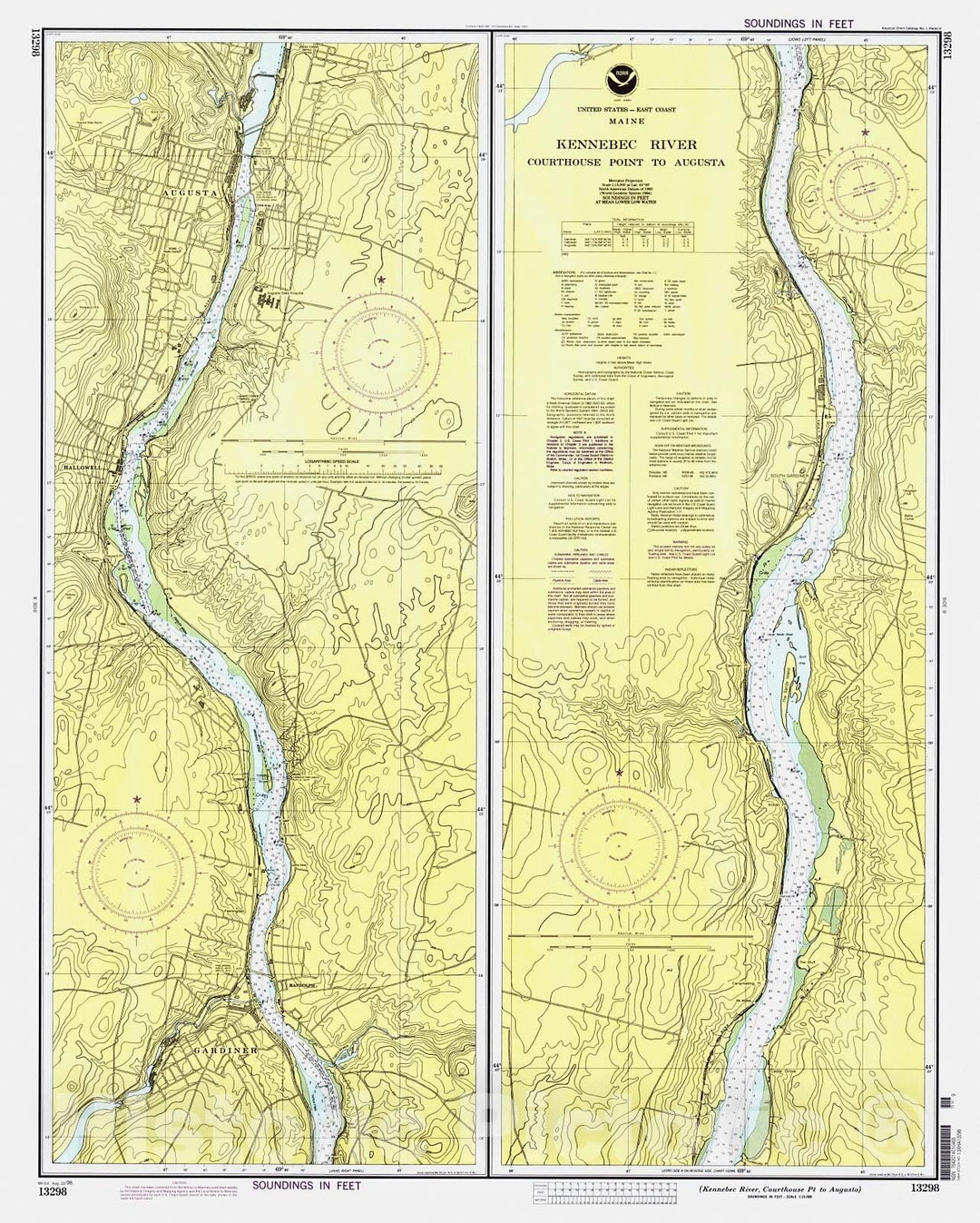 Historic Nautical Map - Kennebec River - Courthouse Pt to Augusta, 1998 NOAA Chart - Maine (ME) - Vintage Wall Art