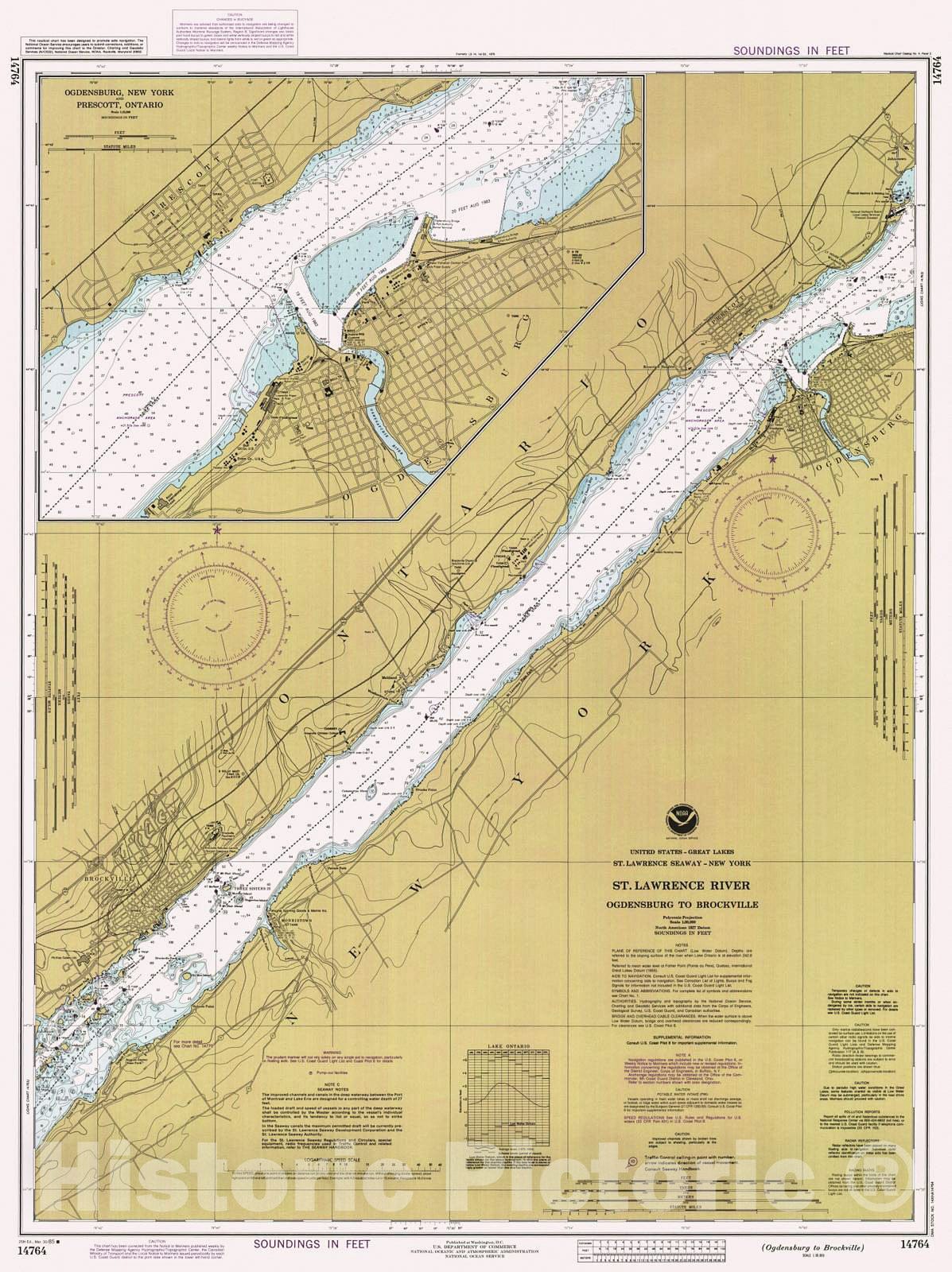 Historic Nautical Map - St Lawrence River Ogdensburg To Brockville, 1985 NOAA Chart - New York (NY) - Vintage Wall Art