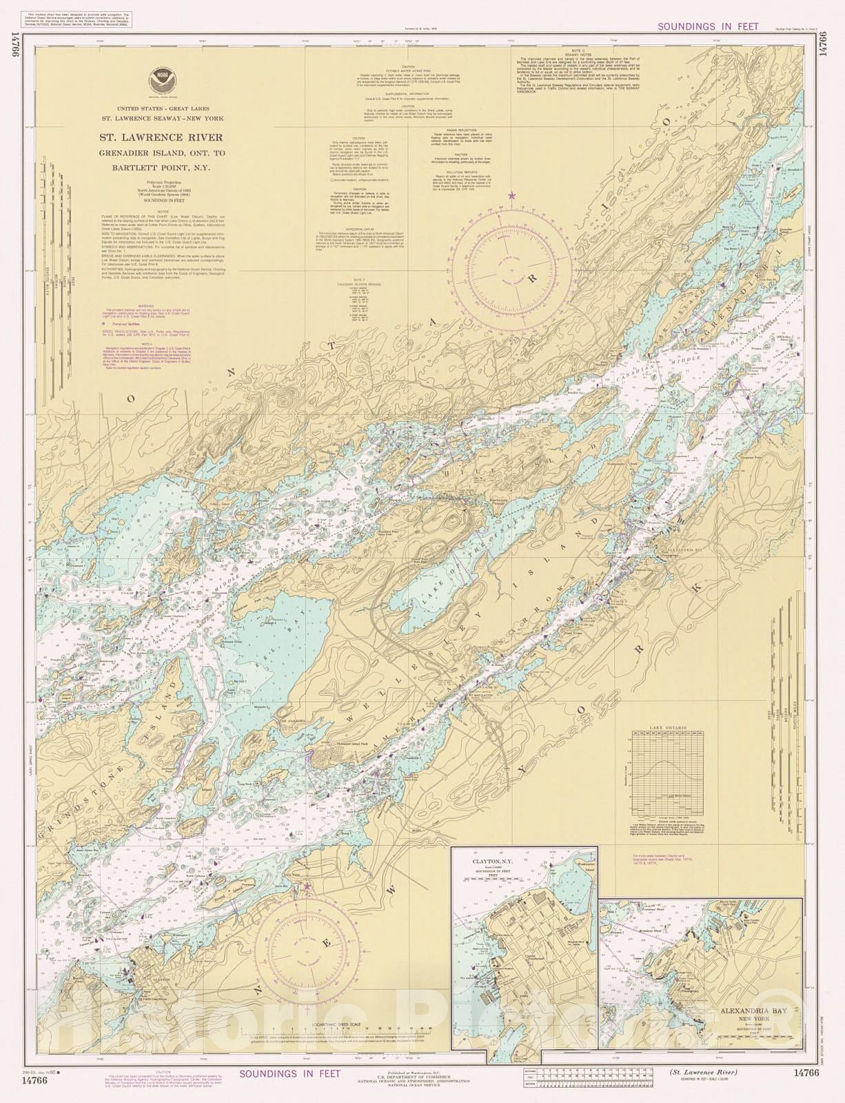 Historic Nautical Map - St Lawrence River Grenader Island Ont To Bartlett Point Ny, 1990 NOAA Chart - New York (NY) - Vintage Wall Art