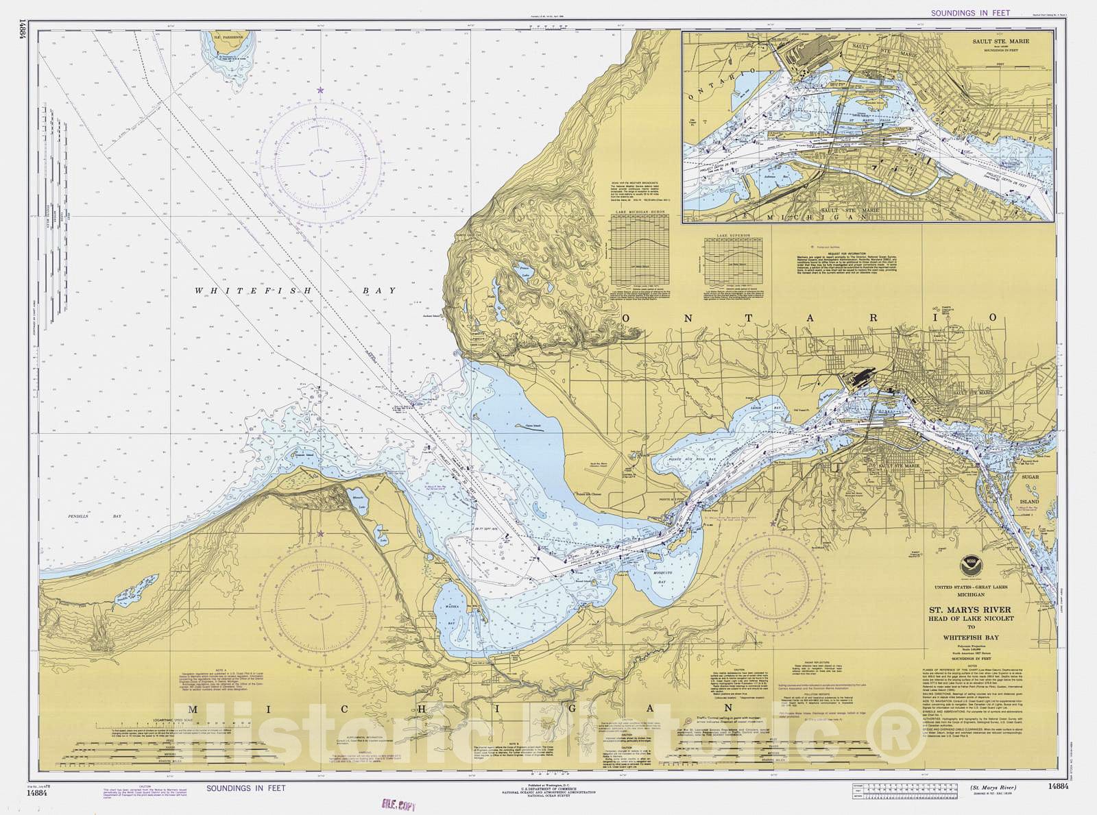 Historic Nautical Map - St Marys River - Head Of Lake Nicolet To Whitefish Bay, 1978 NOAA Chart - Michigan (MI) - Vintage Wall Art