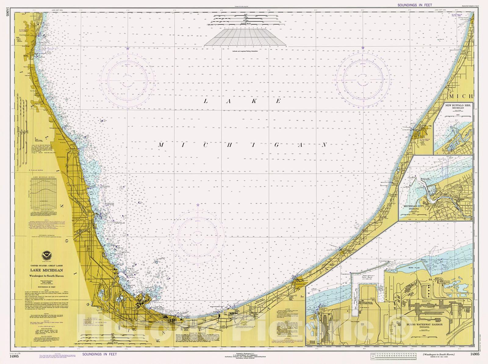 Historic Nautical Map - Waukegan To South Haven, 1979 NOAA Chart - Michigan, Illinois, Indiana (MI, IL, IN) - Vintage Wall Art