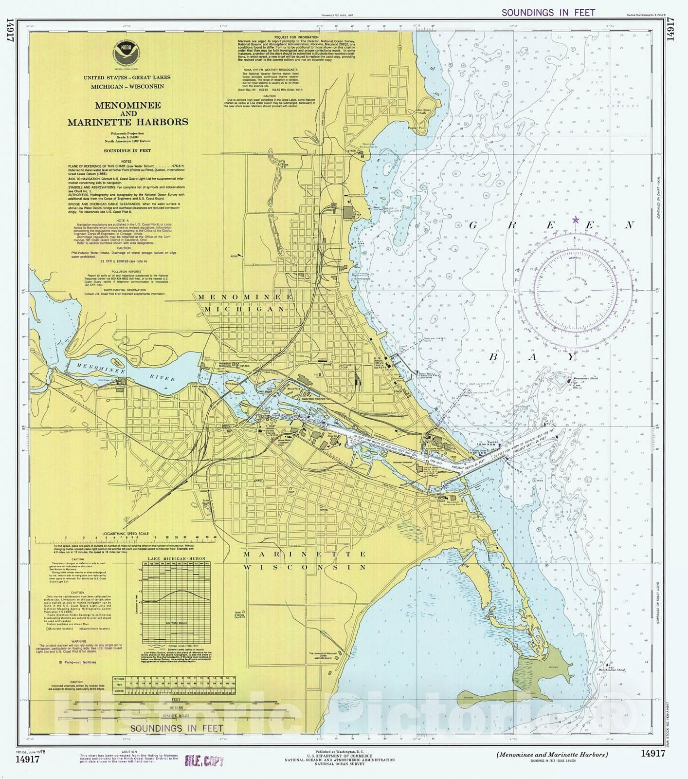 Historic Nautical Map - Menominee And Marinette Harbors, 1978 NOAA Chart - Michigan, Wisconsin (MI, WI) - Vintage Wall Art