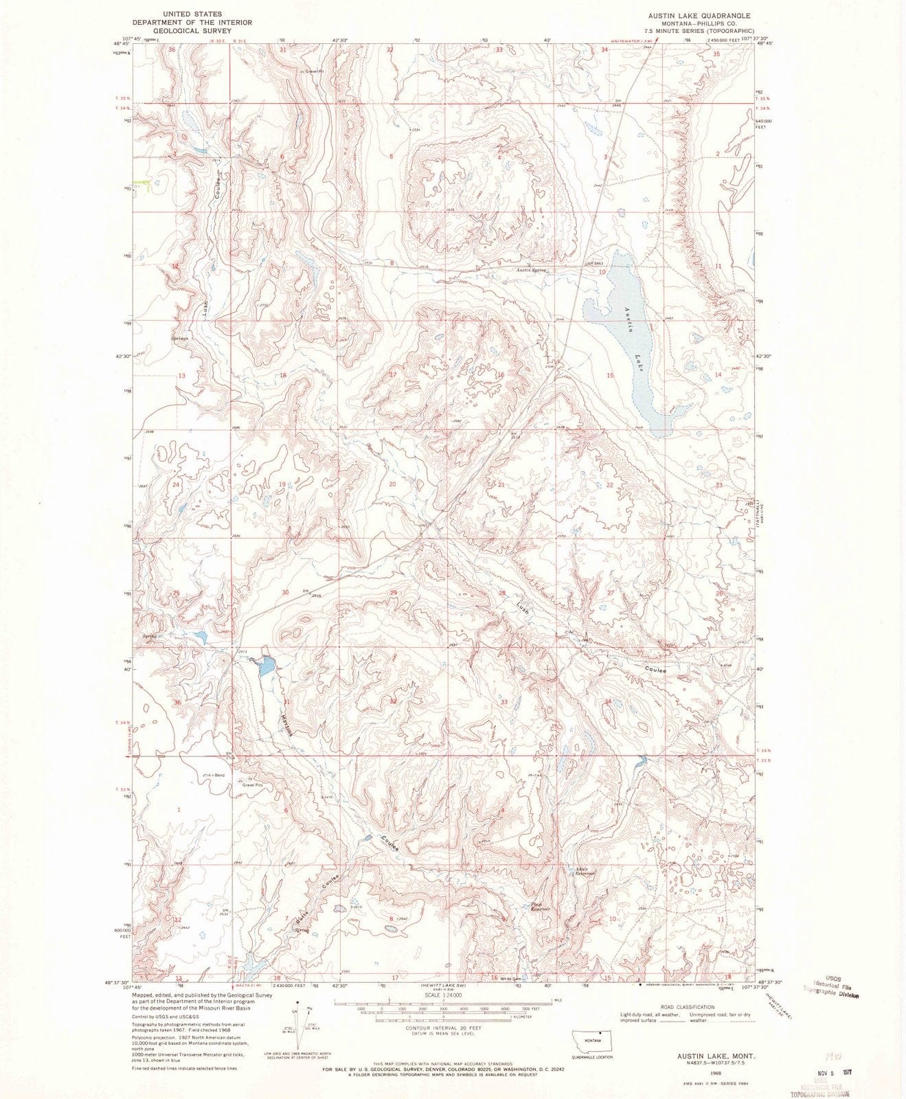 1968 Austin Lake, MT - Montana - USGS Topographic Map