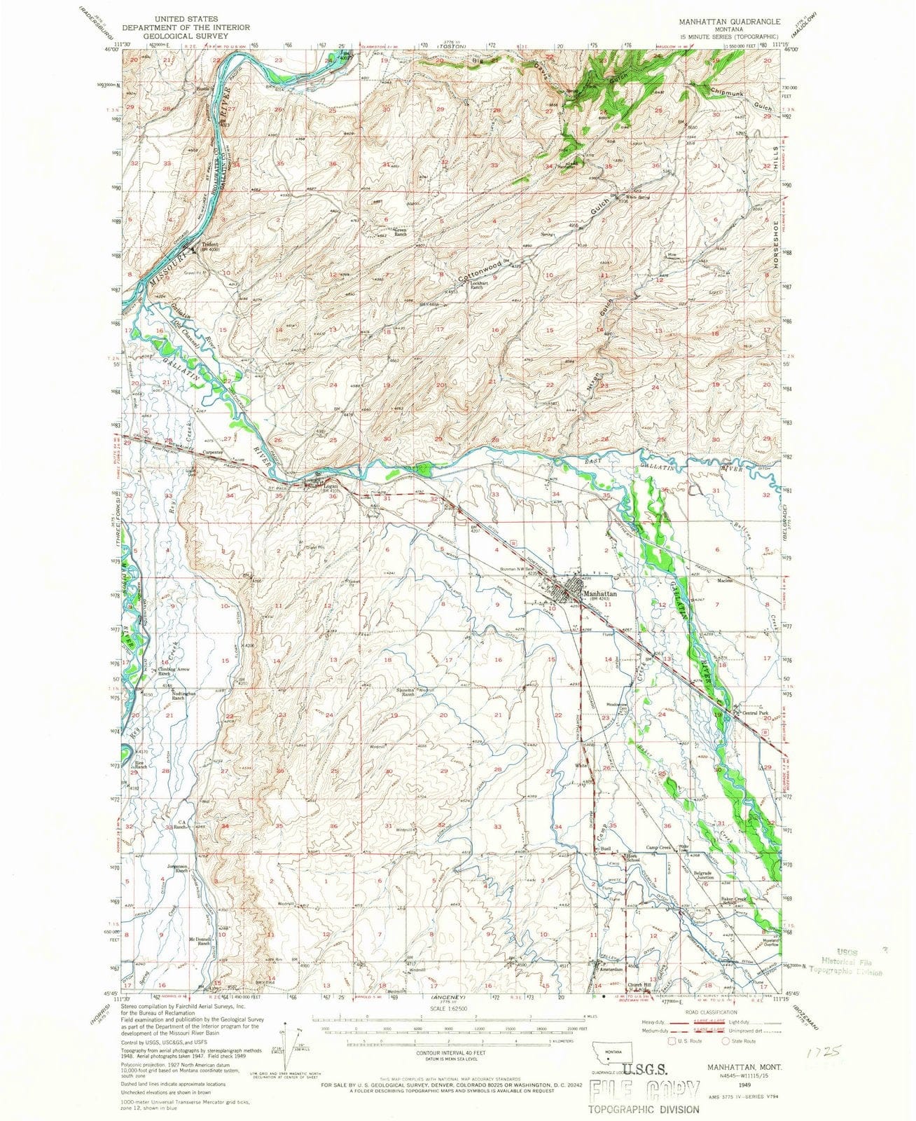 1949 Manhattan, MT - Montana - USGS Topographic Map