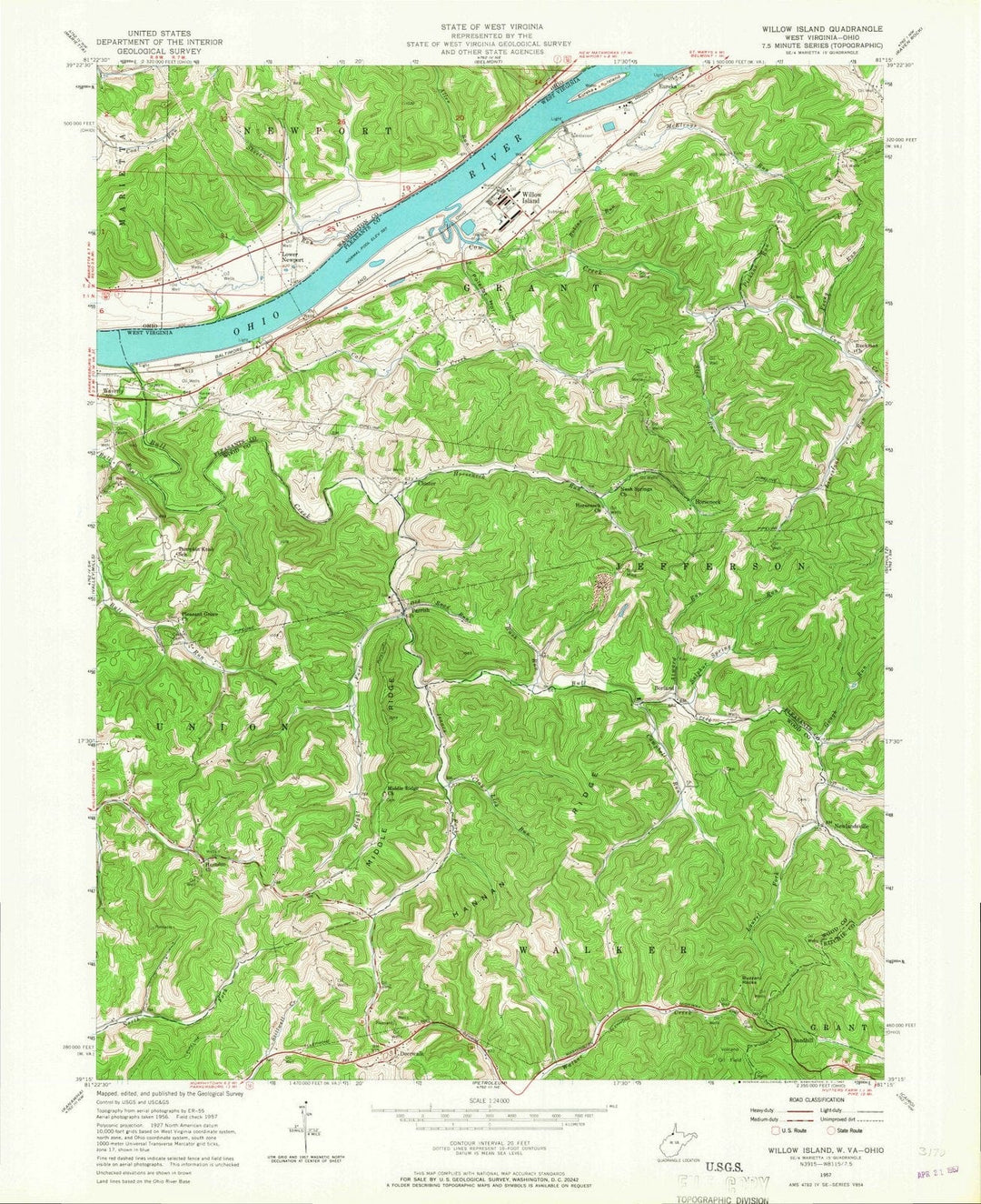 1957 Willow Island, WV - West Virginia - USGS Topographic Map