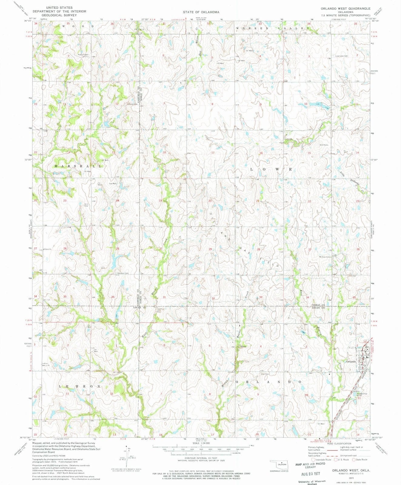 1974 Orlando West, OK - Oklahoma - USGS Topographic Map