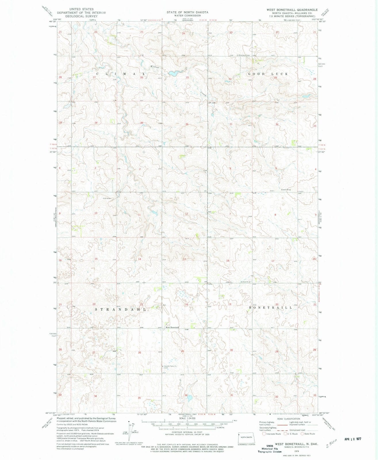 1974 West Bonetraill, ND - North Dakota - USGS Topographic Map