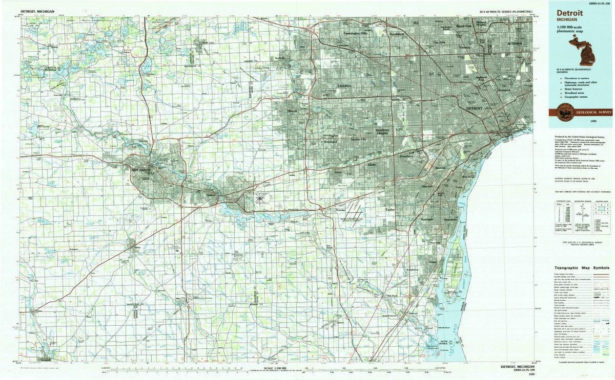 1985 Detroit, MI  - Michigan - USGS Topographic Map