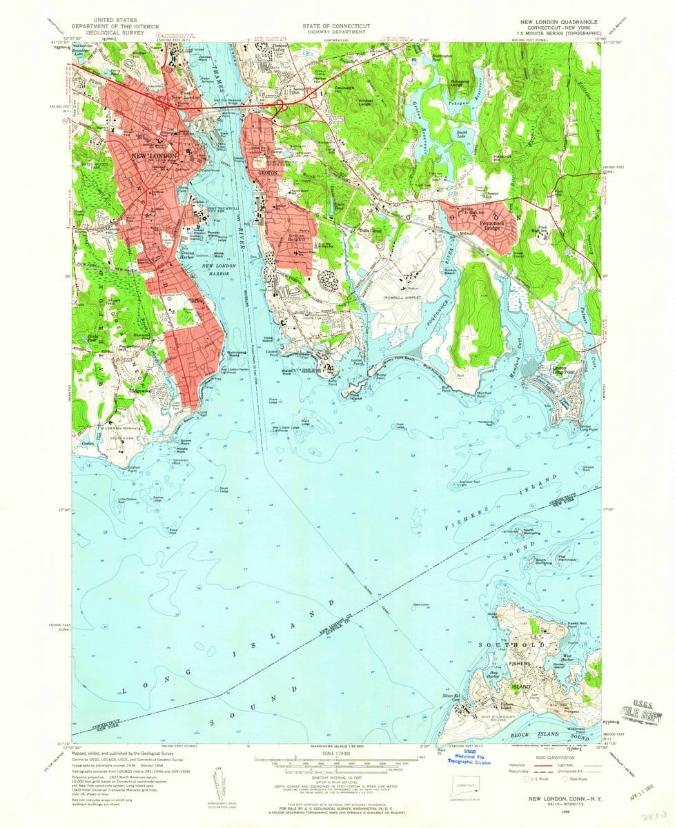 1958 New London, CT  - Connecticut - USGS Topographic Map