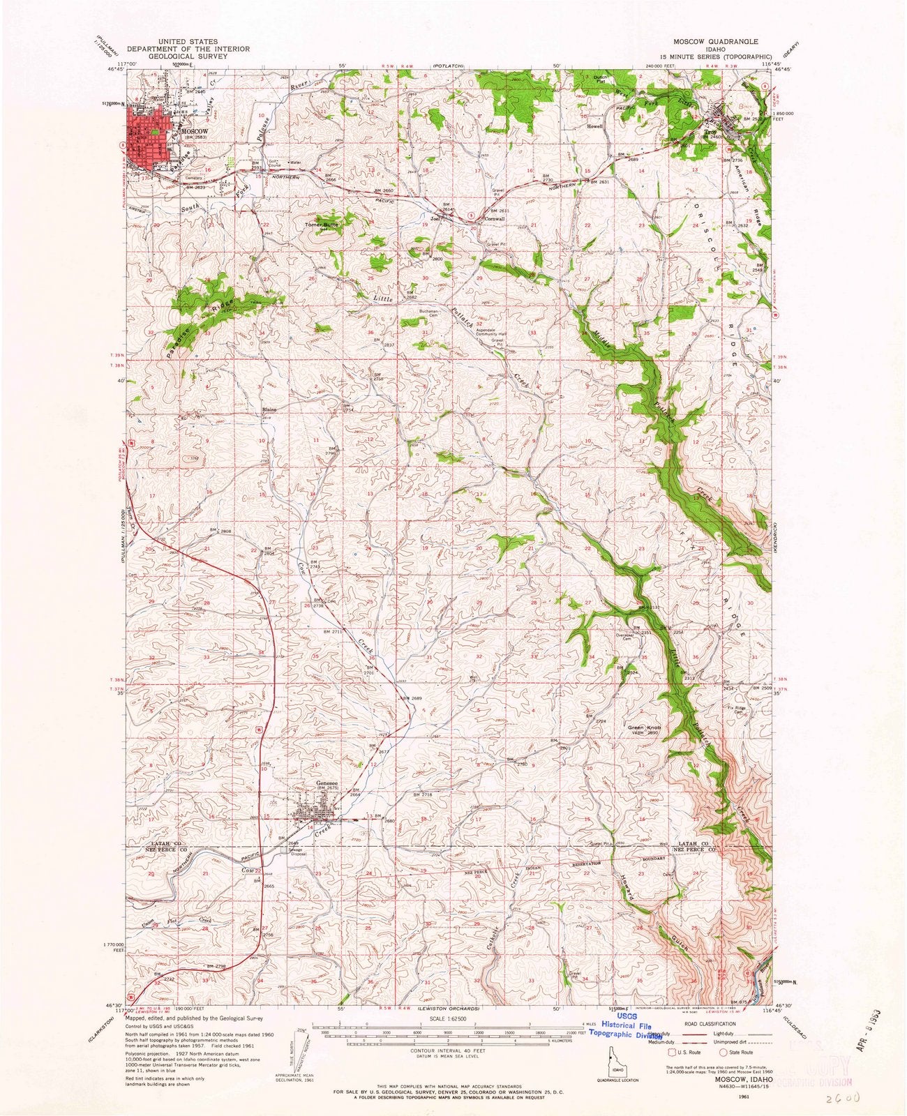 1961 Moscow, ID - Idaho - USGS Topographic Map