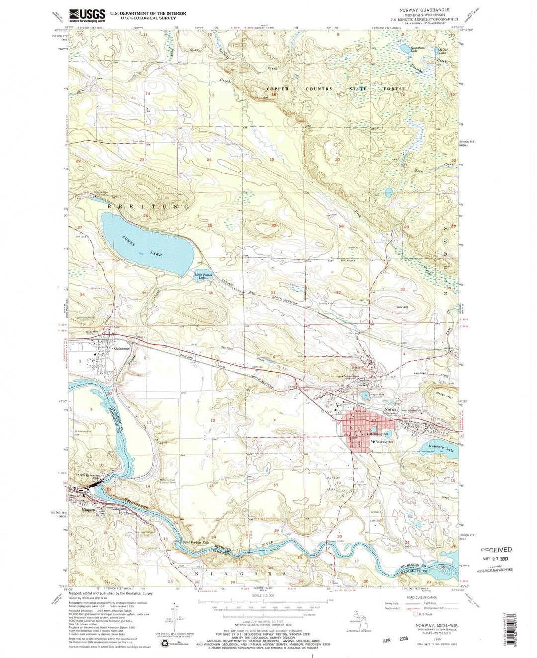 1955 Norway, MI - Michigan - USGS Topographic Map