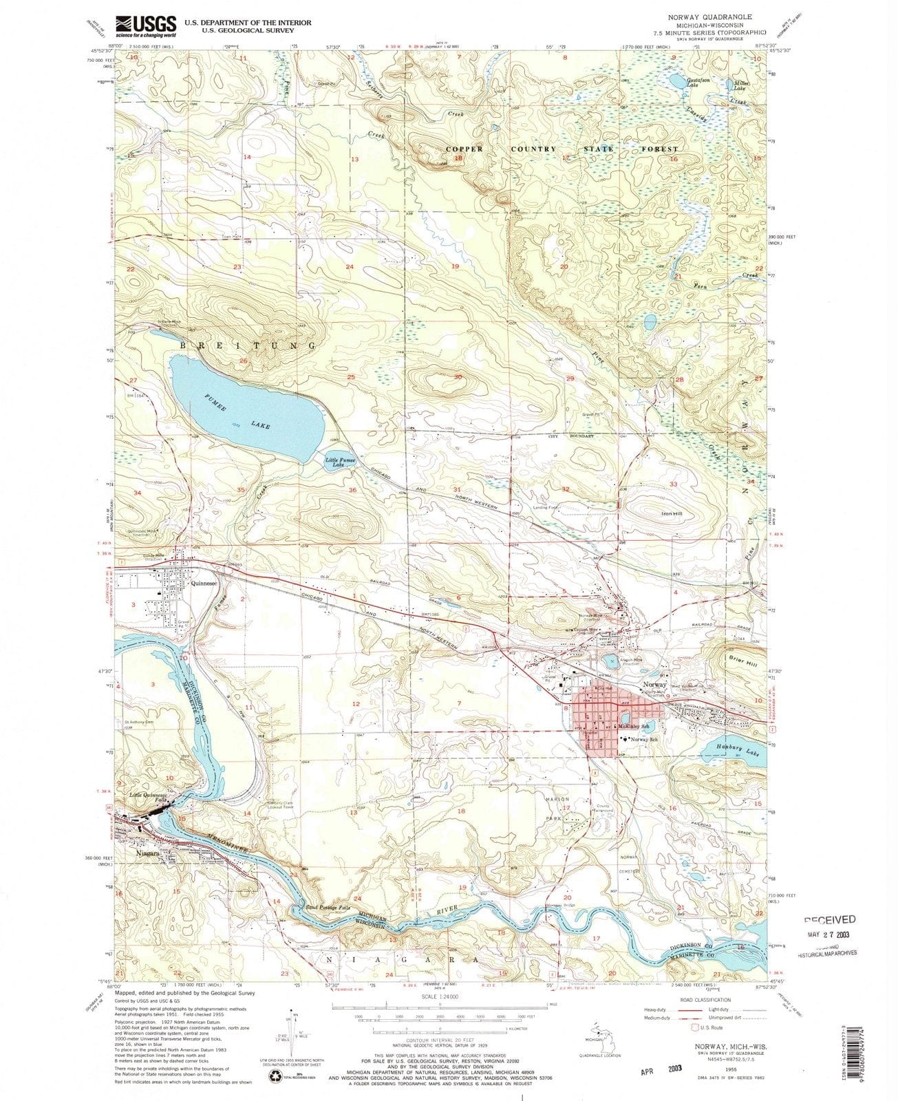 1955 Norway, MI - Michigan - USGS Topographic Map