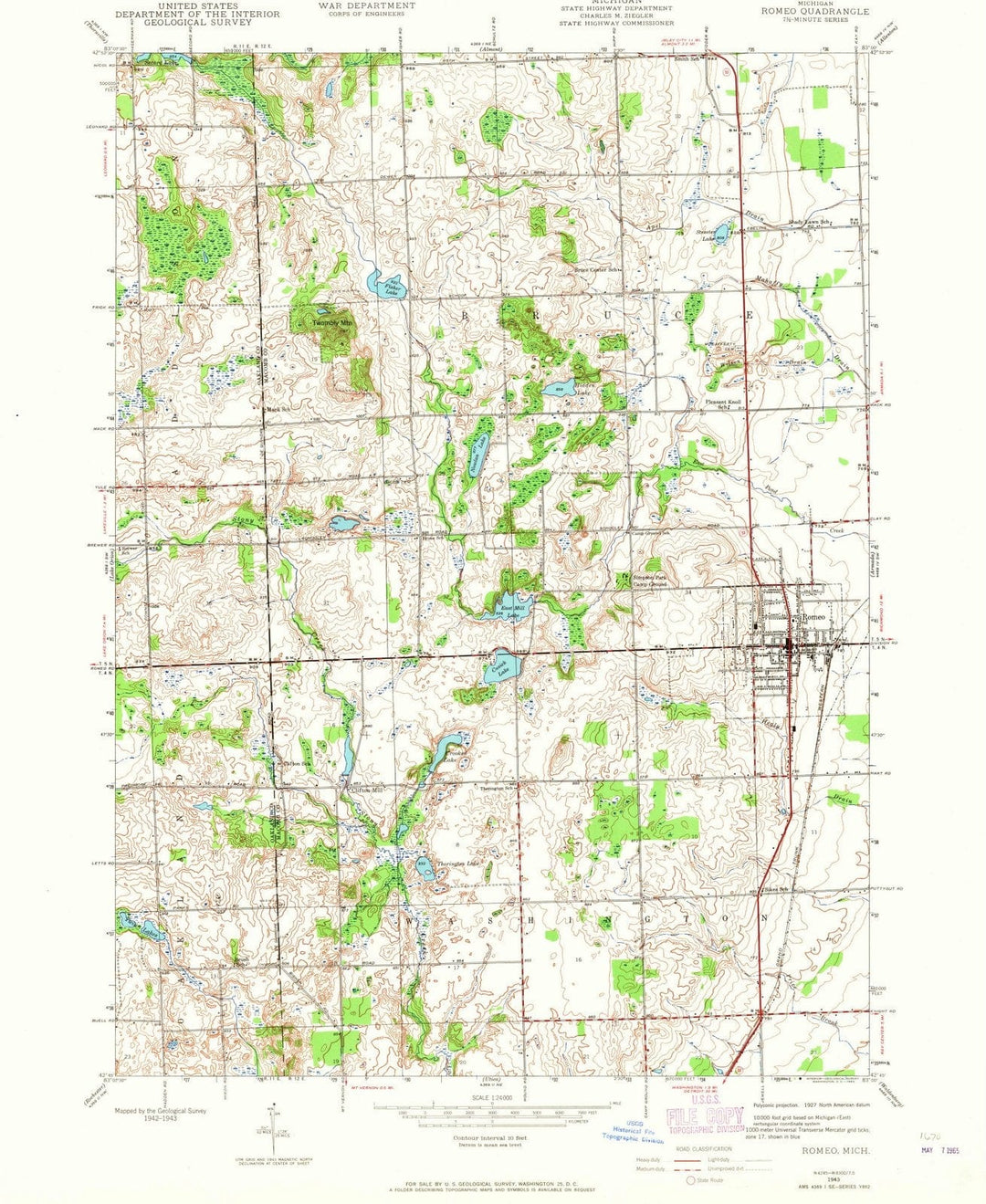 1943 Romeo, MI - Michigan - USGS Topographic Map