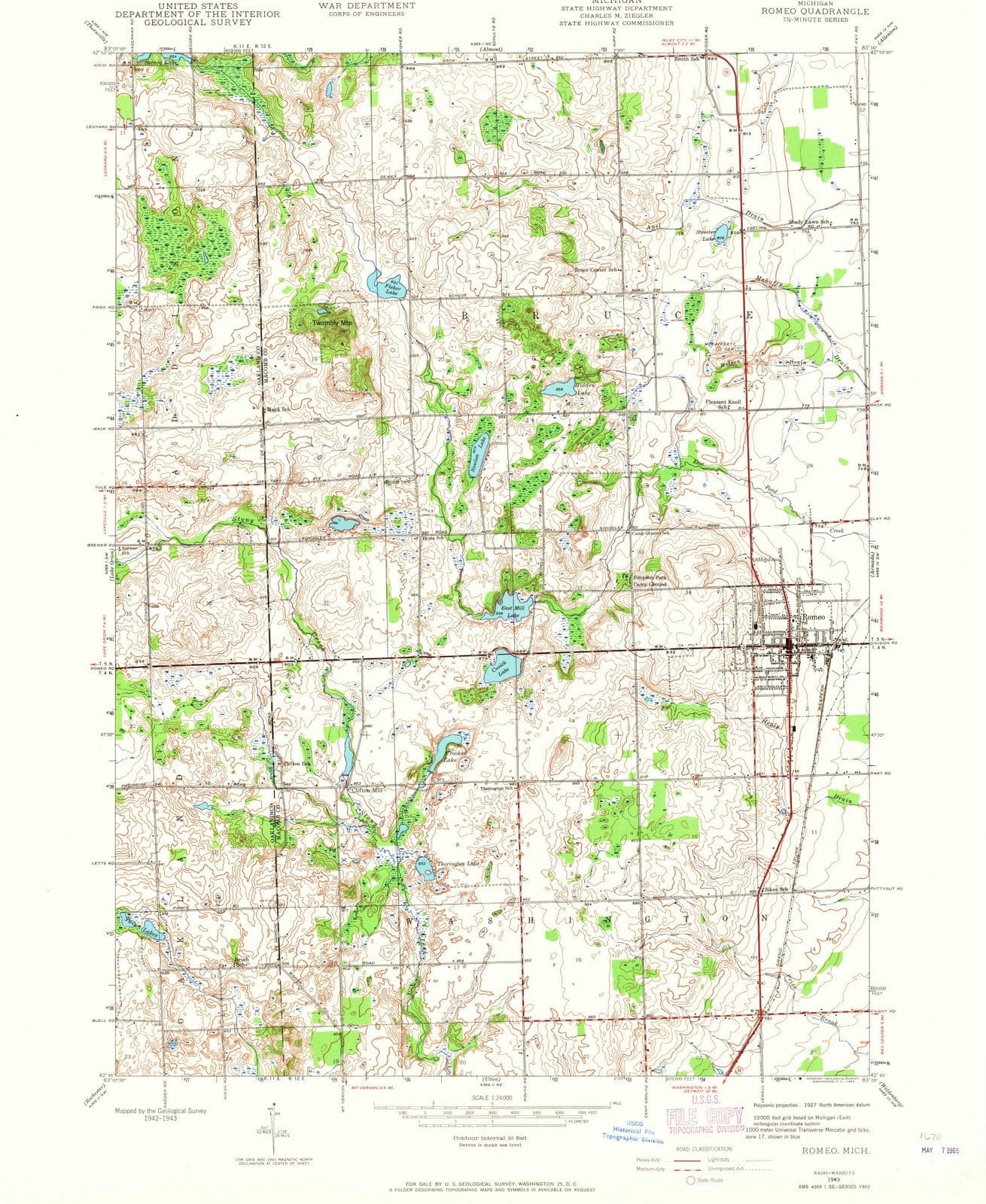 1943 Romeo, MI - Michigan - USGS Topographic Map