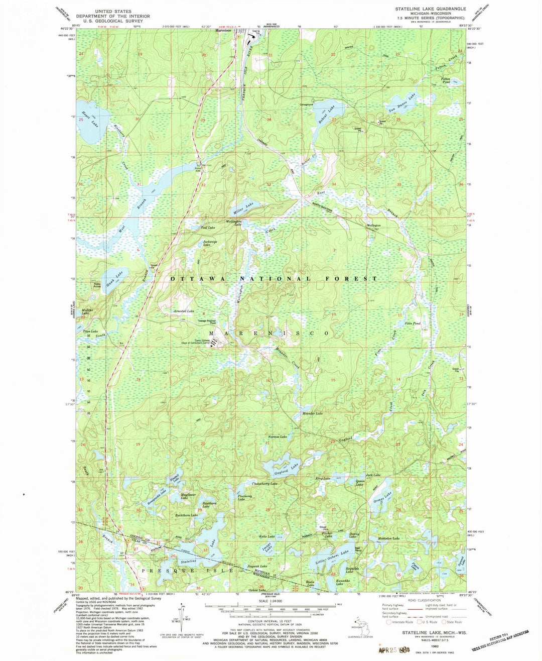 1982 Stateline Lake, MI - Michigan - USGS Topographic Map