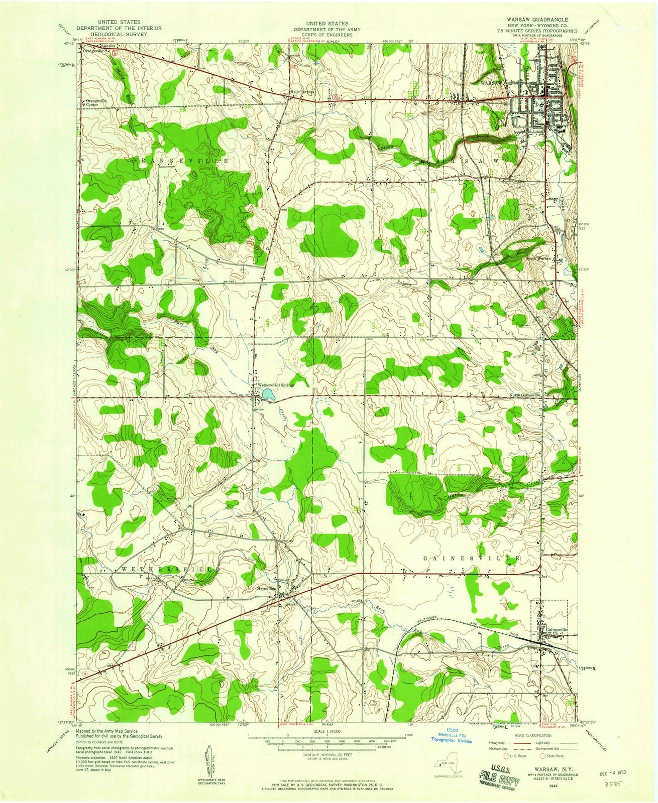 1943 Warsaw, NY - New York - USGS Topographic Map