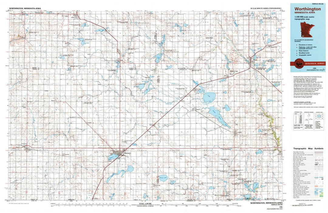 1985 Worthington, MN - Minnesota - USGS Topographic Map