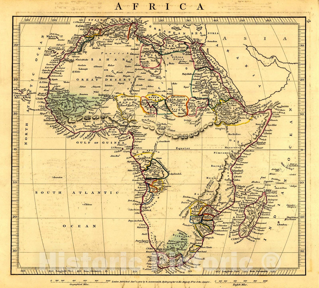 Historic Map : Africa 1828 Hand Colored Cartographer: A Arrowsmith :  Atlas of Ancient and Modern Geography : Vintage Wall Art