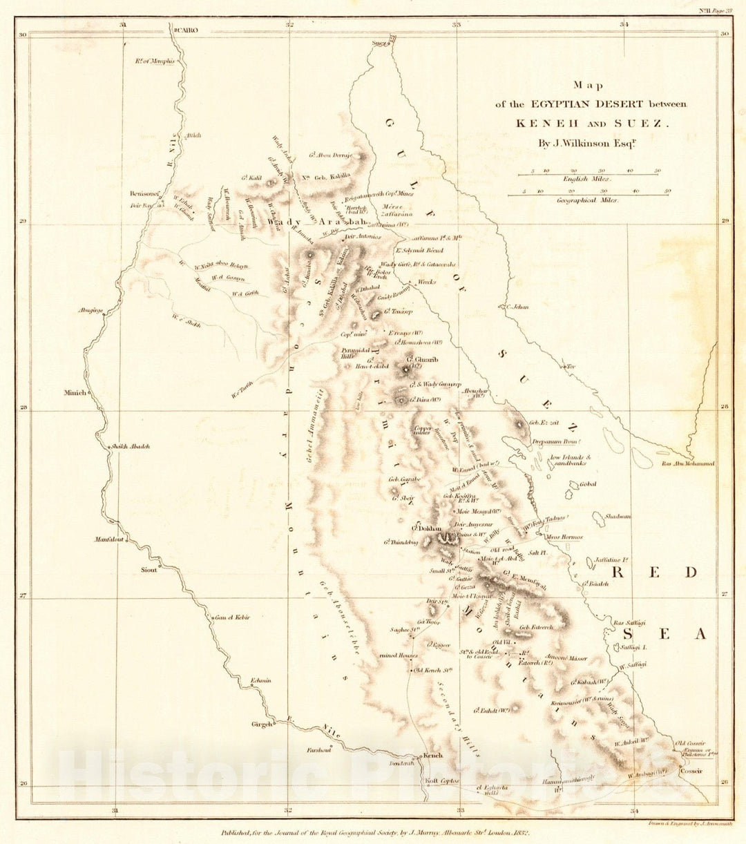 Historic Map : 1832 Map of the Egyptian Desert between Keneh and Suez : Vintage Wall Art