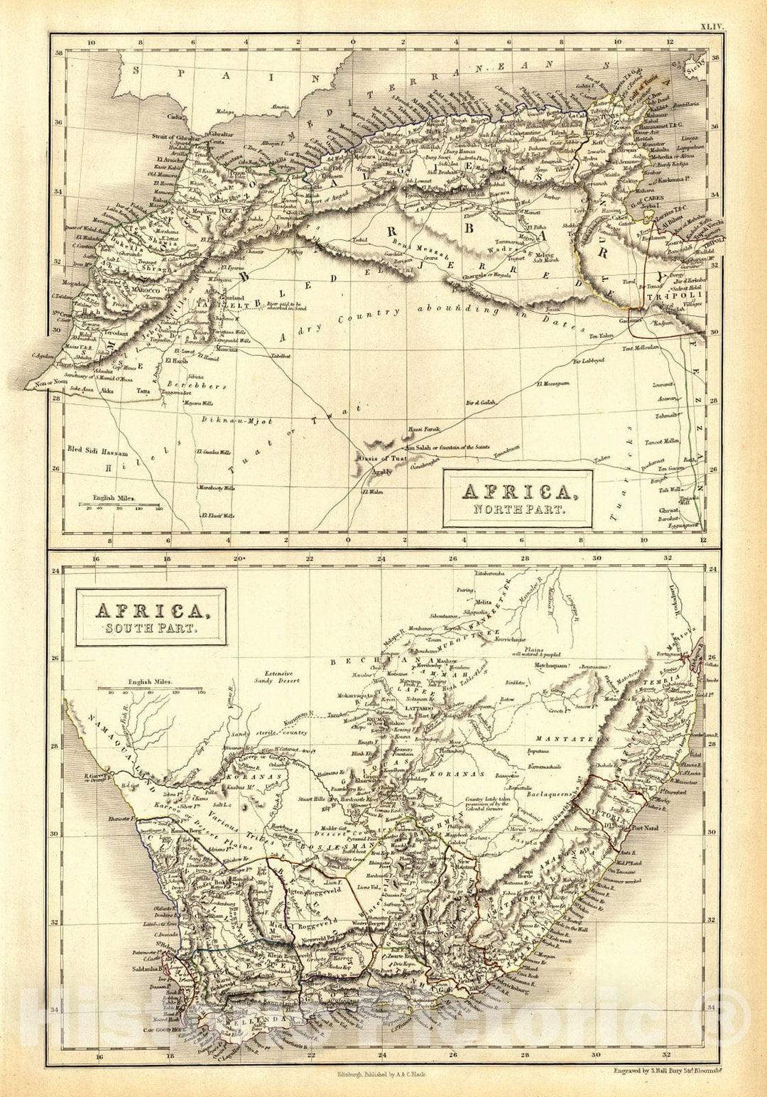 Historic Map : 1847 Africa, North Part and Africa, South Part : Vintage Wall Art