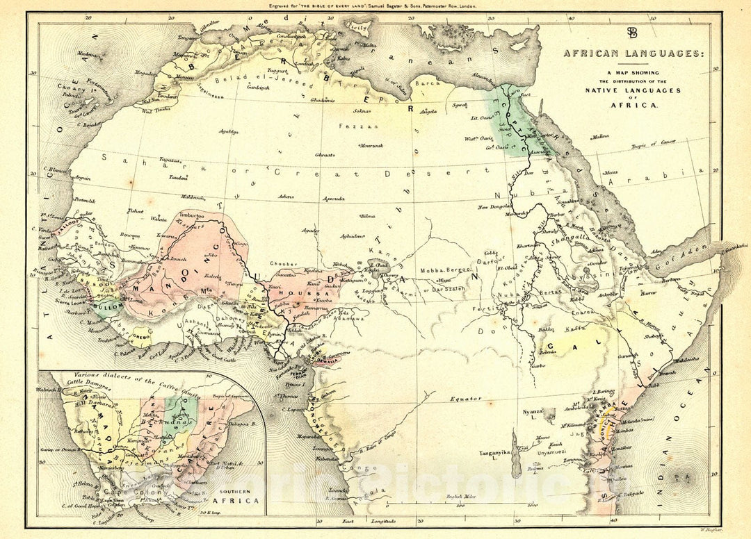 Historic Map : 1850 A Map Showing the Distribution of the Native Languages of Africa : Vintage Wall Art