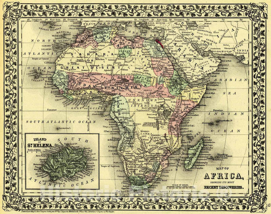 Historic Map : 1874 Map of Africa showing its most recent discoveries : Vintage Wall Art