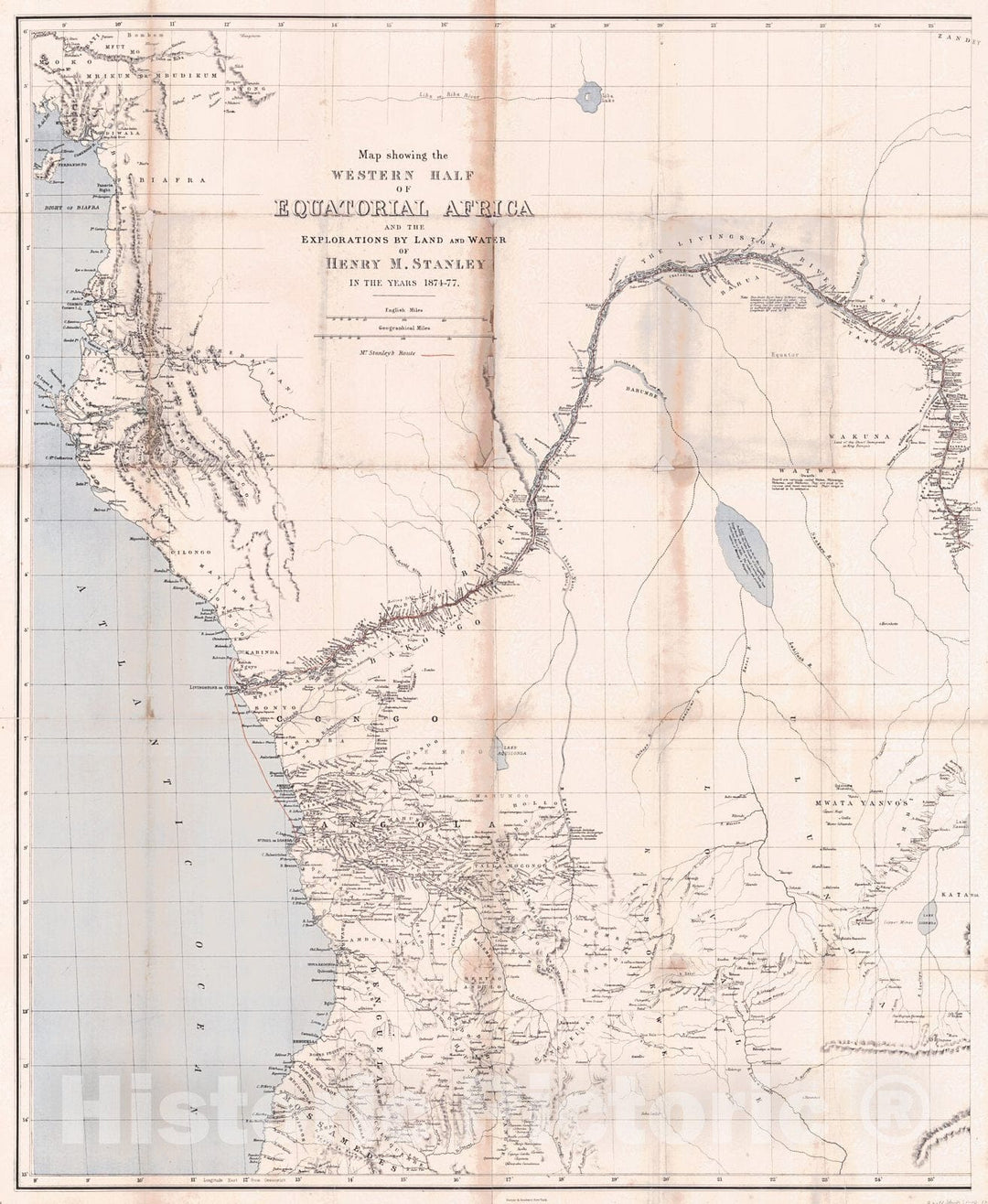 Historic Map : 1879 Map Showing the Western Half of Equatorial Africa and the Explorations by Land and Water of Henry M. Stanley in the Years 1874-1877 : Vintage Wall Art