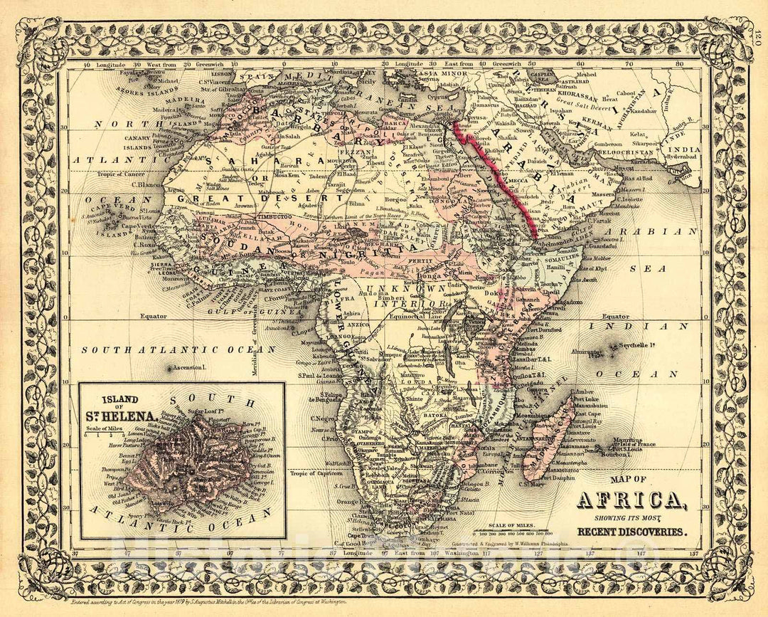 Historic Map : 1880 Map of Africa showing it's most recent discoveries : Vintage Wall Art