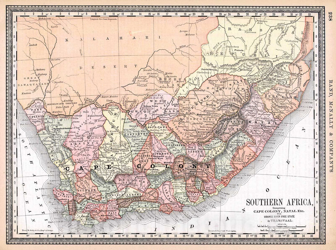 Historic Map : 1884 Southern Africa : Vintage Wall Art