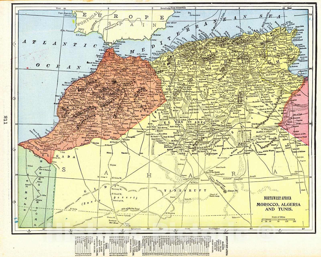 Historic Map : 1898 Northwest Africa: Morocco, Algeria & Tunis : Vintage Wall Art