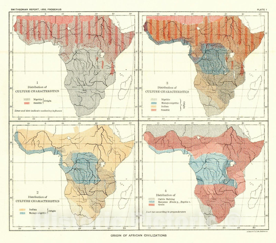 Historic Map : 1898 Origin of African Civilizations : Vintage Wall Art