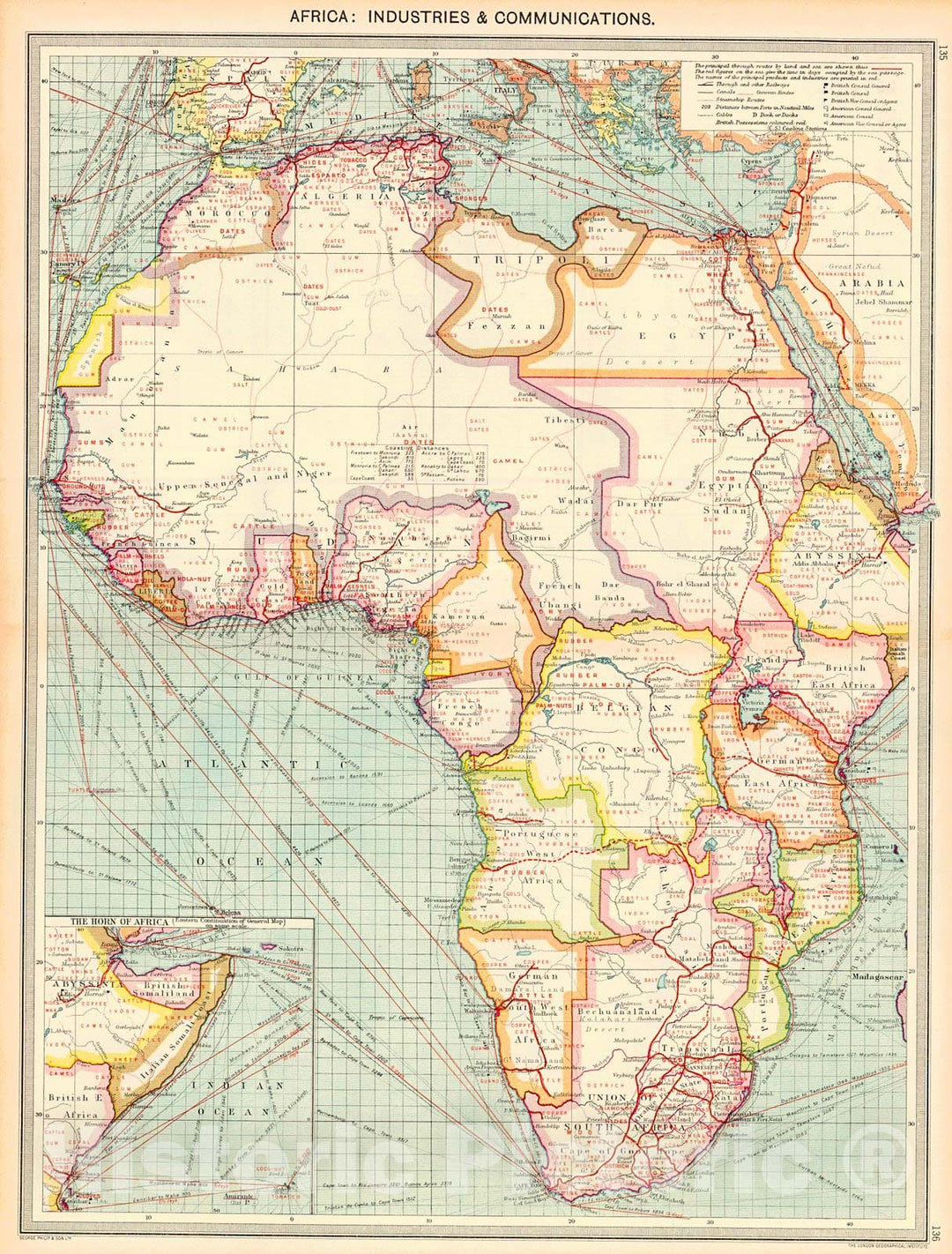 Historic Map : 1910 Africa: Industries and Communications : Vintage Wall Art