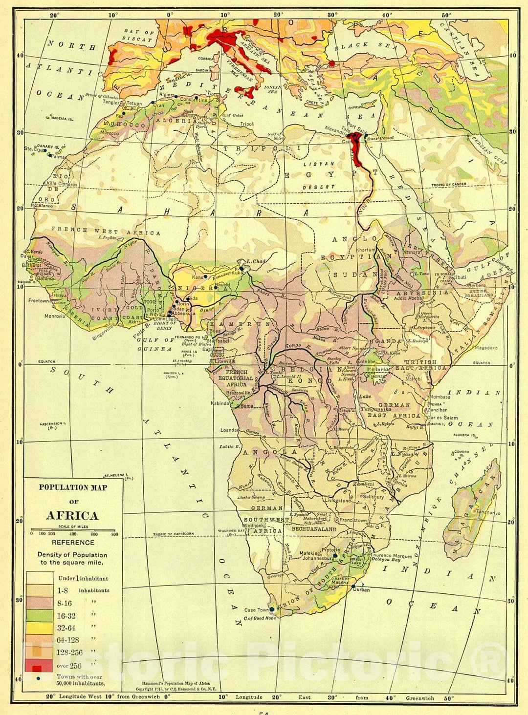 Historic Map : 1917 Population Map of Africa : Vintage Wall Art