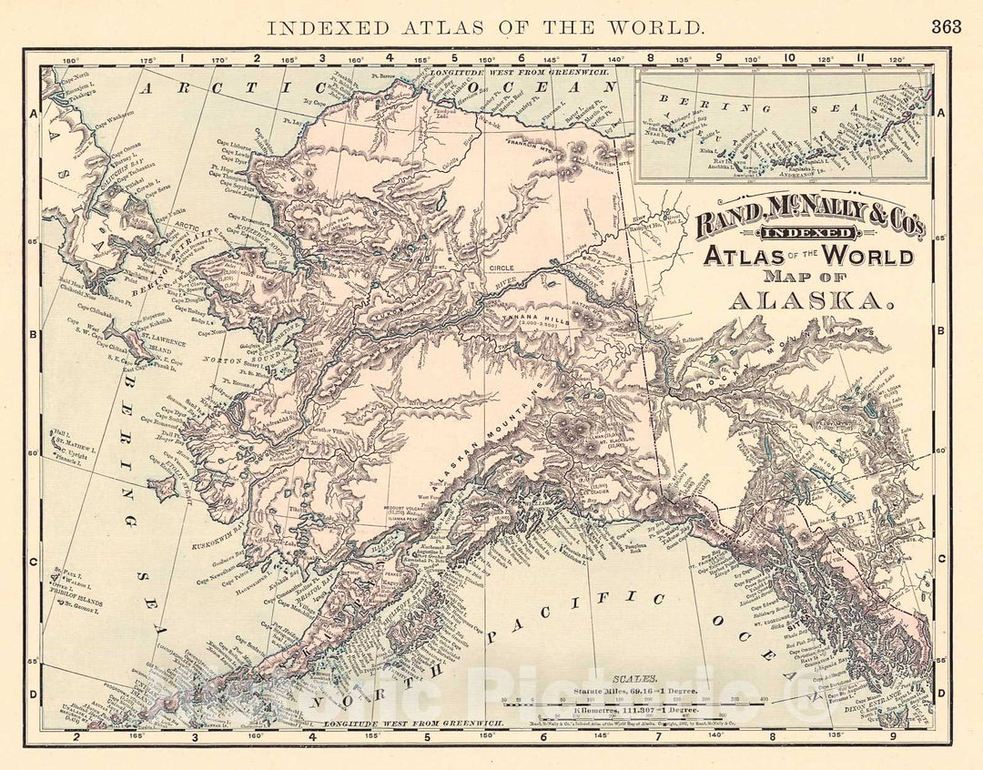 Historic Map : 1892 Rand McNally & Co.'s Indexed Atlas of the World Map of Alaska : Vintage Wall Art