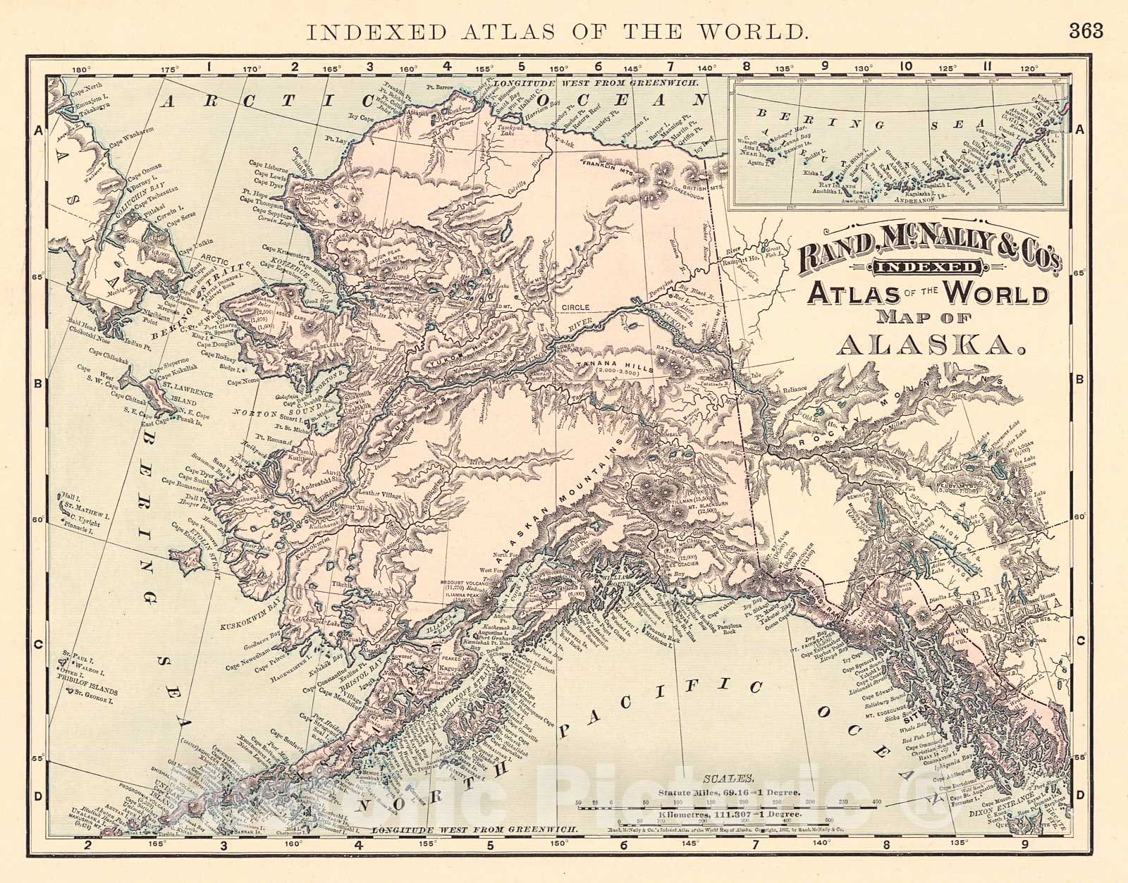 Historic Map : 1892 Rand McNally & Co.'s Indexed Atlas of the World Map of Alaska : Vintage Wall Art