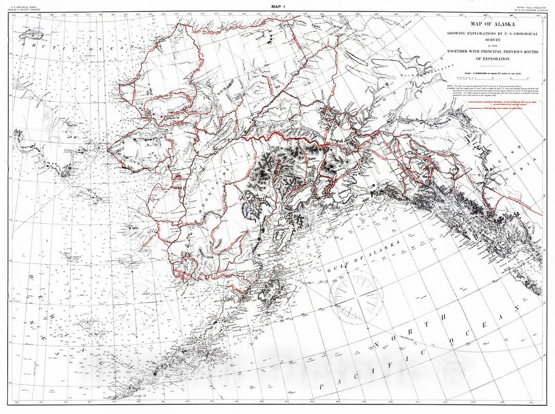 Historic Map : 1898 Map 1: Map of Alaska Showing Explorations by U.S. Geological Survey in 1898 together with Principal Previous Routes of Exploration : Vintage Wall Art