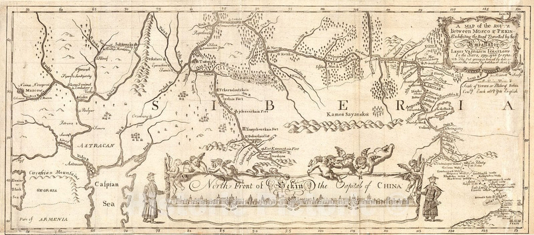 Historic Map : 1725 A Map of the Route between Mosco & Pekin Exhibiting the Road Travelled by the Ambassador Leoff Vassilich Ismayloff : Vintage Wall Art