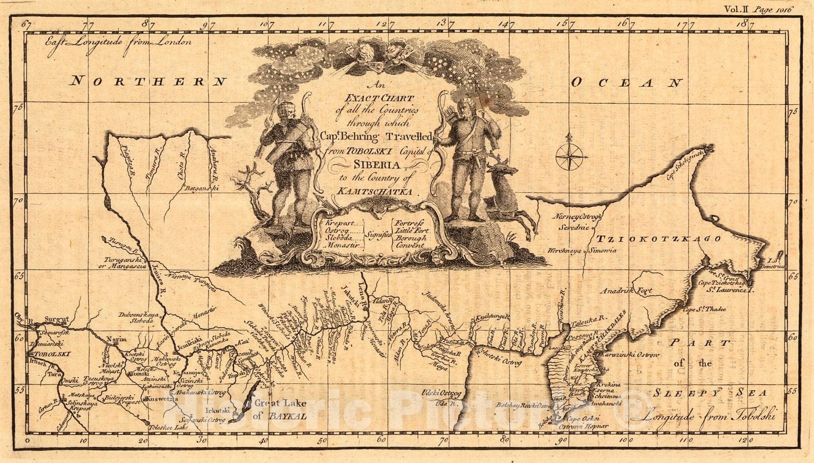 Historic Map : 1748 An Exact Chart of all the Countries through which Capt. Behring Travelled from Tobolsk, Capital, of Siberia, to the Country of Kamtschatka : Vintage Wall Art